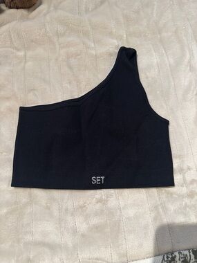 SET Active Black One-Shoulder Crop Sports Bra